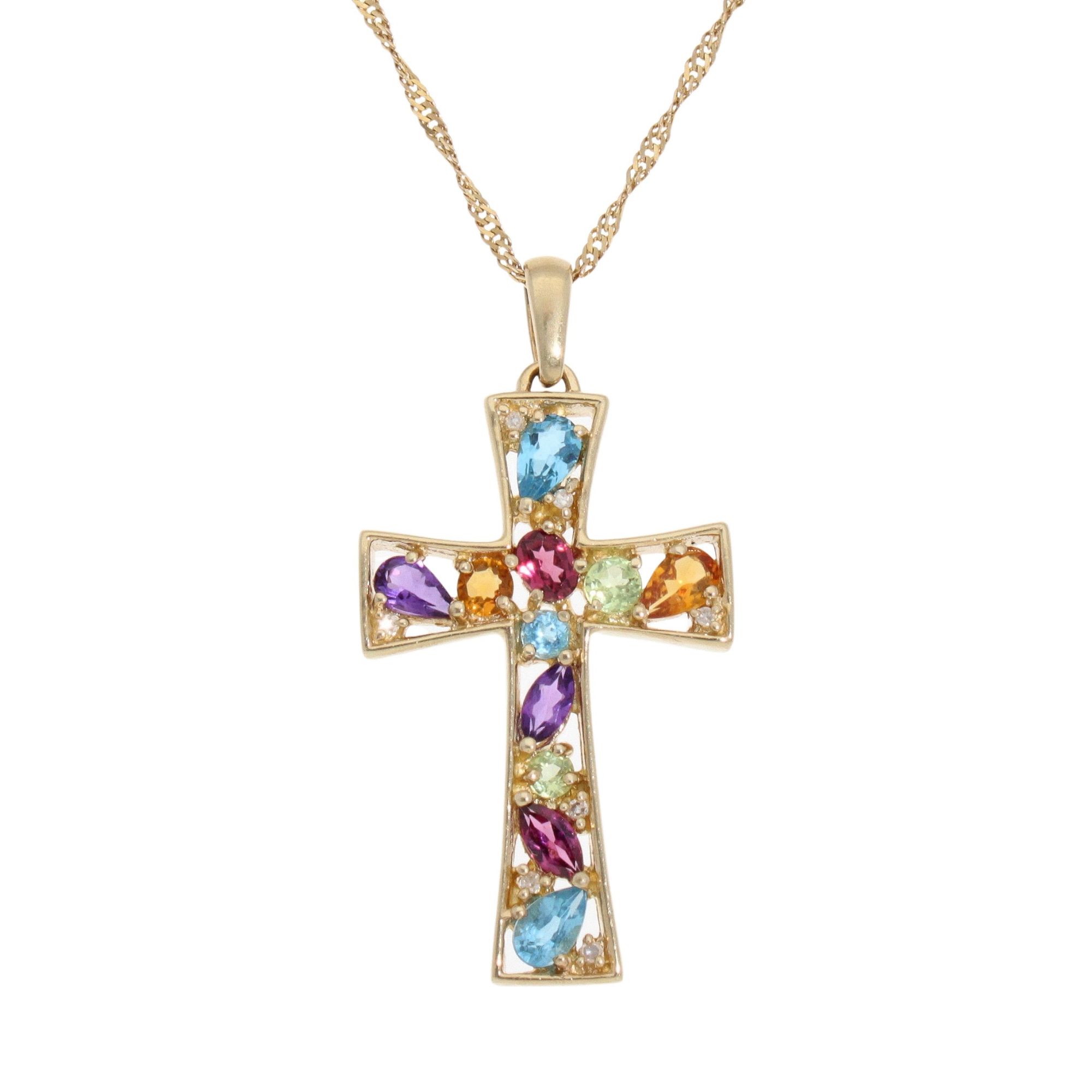 9ct Yellow Gold Multi Gem Cross Pendant 