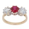 14ct Yellow Gold Created Ruby and Cubic Zirconia Three Stone Ring