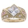 14ct Yellow Gold Pink and Clear Cubic Zirconia Three Row Fancy Ring