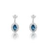 Silver Platinum Plated London Blue Topaz Oval Cut Lab Grown Diamond Halo Drop Earrings