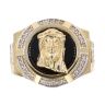 14ct Yellow and White Gold Cubic Zirconia and Black Stone Jesus Signet Ring