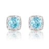 Silver Platinum Plated Sky Blue Topaz Cushion Diamond Halo Stud Earrings