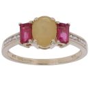9ct Yellow Gold Yellow Opal, Red Gemstone and Cubic Zirconia Ring
