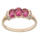 9ct Yellow Gold 0.10ct Diamond and Pink Tourmaline Three Stone Ring