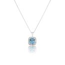 Silver Platinum Plated Cushion Cut Swiss Blue Topaz Diamond Halo Pendant Necklace