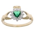 9ct Yellow Gold Green Gemstone And Cubic Zirconia Claddagh Ring