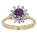 18ct Yellow Gold 0.15ct Single Cut Diamond and Amethyst Cluster Ring