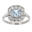 Platinum Diamond And Aquamarine Octagonal Cluster Ring