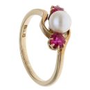 14ct Yellow Gold Pink Sapphire and Pearl Three Stone Ring