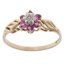 9ct Yellow Gold 0.05ct Diamond and Ruby Flower Cluster Ring