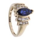 14ct Yellow Gold 0.15ct Brilliant and Maquise Cut Diamond and Created Sapphire Solitaire Ring
