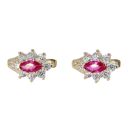 14ct Yellow Gold Flower Cluster Cubic Zirconia And Red Stone Set Earrings