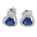 Silver Cubic Zirconia And Blue Gemstone Heart Cluster Stud Earrings by Icesia