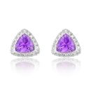 Silver Platinum Plated Amethyst Trilliant Cut Diamond Halo Stud Earrings