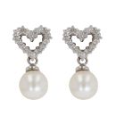 14ct White Gold 0.15ct Diamond And Pearl Heart Drop Earrings