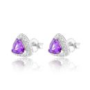 Silver Platinum Plated Amethyst Trilliant Cut Diamond Halo Stud Earrings