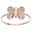 14ct Yellow Gold Cubic Zirconia & Pink Gemstone Butterfly Ring