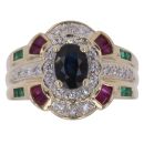 9ct Yellow Gold 0.15ct Diamond Sapphire Ruby and Emerald Cluster Ring