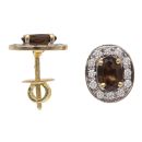 14ct Yellow Gold 0.25ct Brilliant and Oval Cut Diamond and Smoky Quartz Cluster Earrings