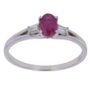 18ct White Gold 0.12ct Baguette and Oval Cut Diamond and Ruby Ring