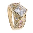 14ct Yellow Gold Pink and Clear Cubic Zirconia Three Row Fancy Ring
