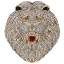 9ct Yellow Gold Cubic Zirconia and Onyx Lion Ring