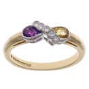 18ct Yellow Gold 0.07ct Diamond, Citrine and Amethyst Crossover Ring