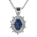 9ct White Gold Sapphire and Diamond Cluster Pendant and Chain 18"