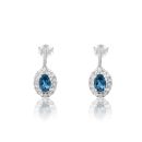 Silver Platinum Plated London Blue Topaz Oval Cut Lab Grown Diamond Halo Drop Earrings