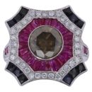 18ct White Gold 3.00ct Brilliant Cut Brown and Colourless Diamond, Created Sapphire and Created Ruby Cluster Ring