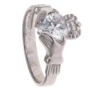14ct White Gold Cubic Zirconia Patterned Claddagh Ring