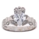 14ct White Gold Cubic Zirconia Patterned Claddagh Ring