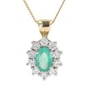 9ct Yellow Gold Emerald and Diamond Cluster Pendant and Chain 18"