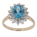 9ct Yellow Gold Blue Topaz and Cubic Zirconia Cluster Ring