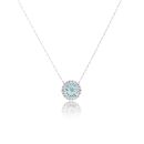 Silver Platinum Plated Sky Blue Topaz Round Lab Grown Diamond Halo Necklace