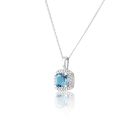 Silver Platinum Plated Cushion Cut Swiss Blue Topaz Diamond Halo Pendant Necklace