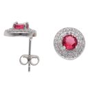 Silver Cubic Zirconia and Red Gemstone Cluster Stud Earrings By Icesia