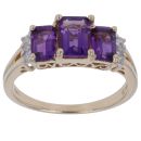 9ct Yellow Gold 0.10ct Diamond and Amethyst Three Stone Ring