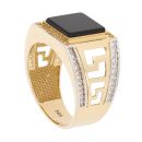 14ct Yellow Gold Black Stone and Cubic Zirconia Greek Key Signet Ring