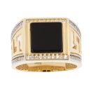 14ct Yellow Gold Black Stone and Cubic Zirconia Greek Key Signet Ring