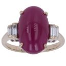 18ct White Gold 0.40ct Baguette Cut Diamond and Ruby Cabochon Ring