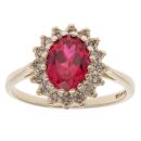 9ct Yellow Gold Red Gemstone and 0.10ct Diamond Cluster Ring