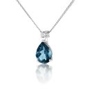 9ct White Gold London Blue Topaz And 0.07ct Natural Diamond Pear Pendant
