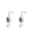Silver Platinum Plated London Blue Topaz Oval Cut Lab Grown Diamond Halo Drop Earrings