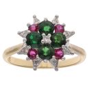 18ct Yellow Gold 0.10ct Diamond, Diopside And Ruby Cluster Ring