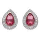 Silver Cubic Zirconia and Red Gemstone Cluster Stud Earrings By Icesia