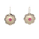 14ct Yellow Gold Red Gemstone Floral Drop Earrings