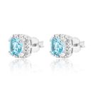 Silver Platinum Plated Sky Blue Topaz Cushion Diamond Halo Stud Earrings