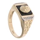 14ct Yellow and White Gold Cubic Zirconia and Black Enamel Lion Head Patterned Square Signet Ring