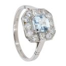 Platinum Diamond And Aquamarine Octagonal Cluster Ring